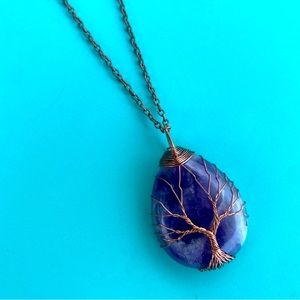 Copper wire wrapped Amethyst tree of life teardrop cabochon necklace
